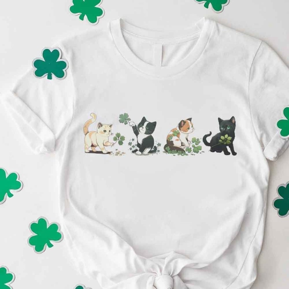 Shamrock Cats St Patricks Day Tee Shirt For Cat Lovers Cute Cats Tee Shirt